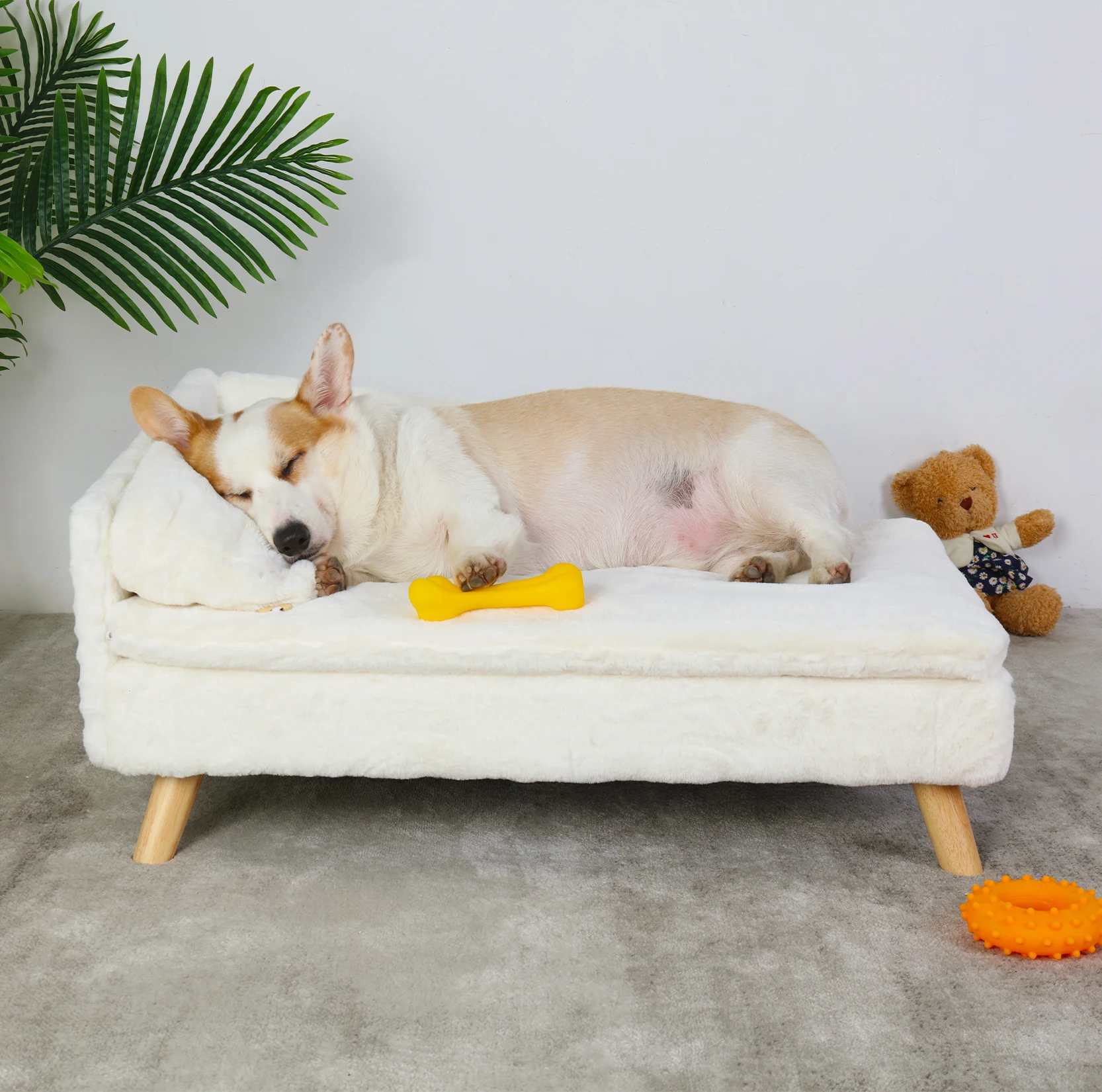 Cama elevada para mascotas con patas de madera maciza, sofá de felpa en forma de L para interiores, cojín suave